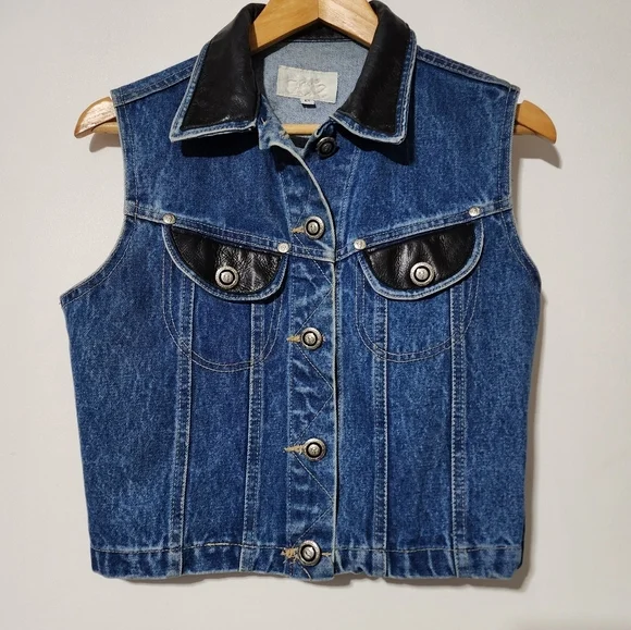 Cache Vintage Denim & Black Leather Trim Vest Moto Biker Cropped Jean Jacket Sz - Picture 4 of 12